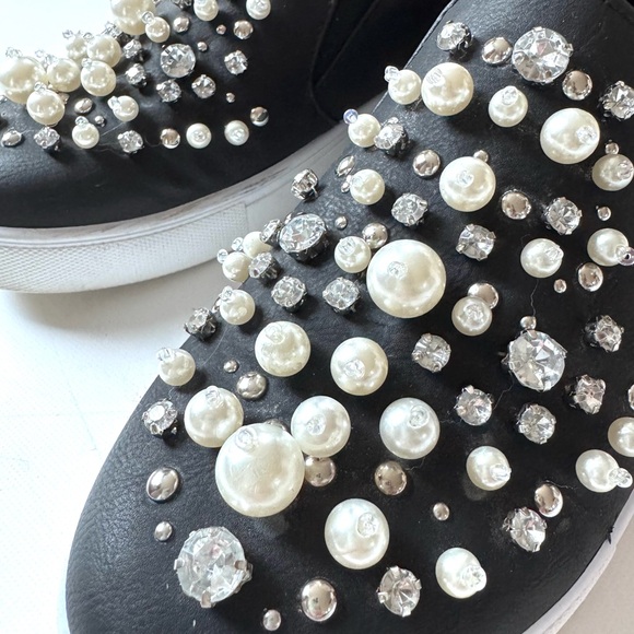 Black Faux Leather Slip On Loafers Embellished with Faux Pearls and Rhinestones - Picture 3 of 12